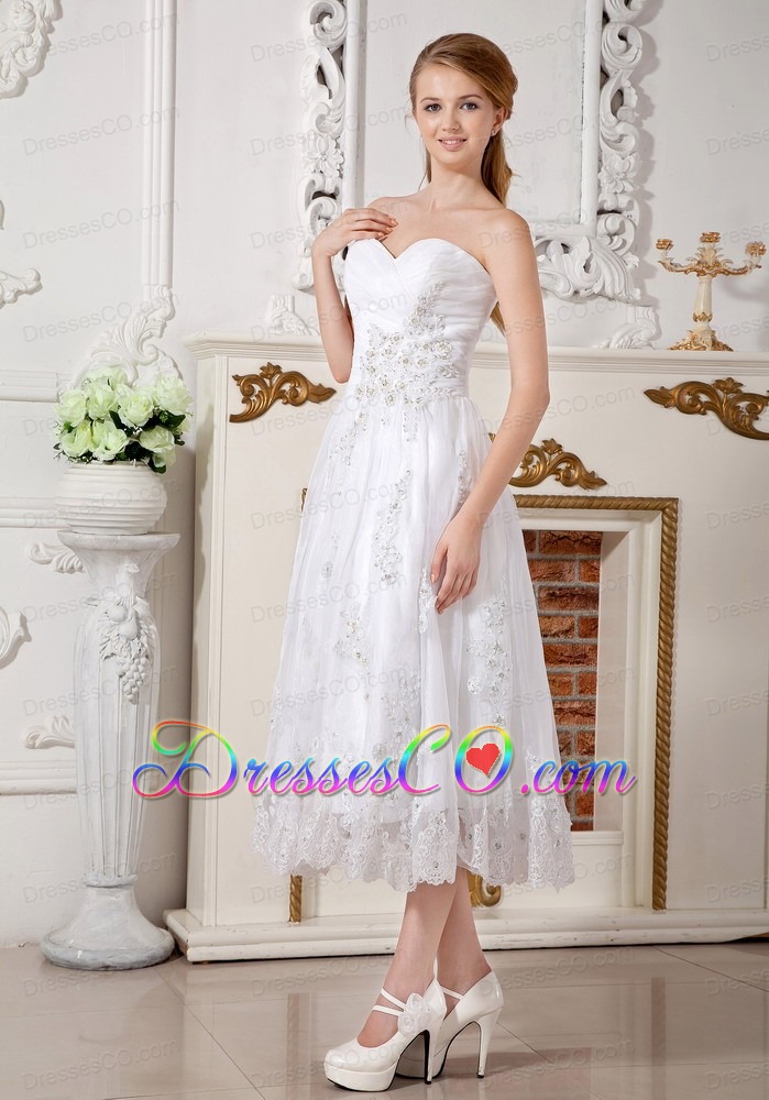 Informal Empire Tea-length Lace Appliques Wedding Dress