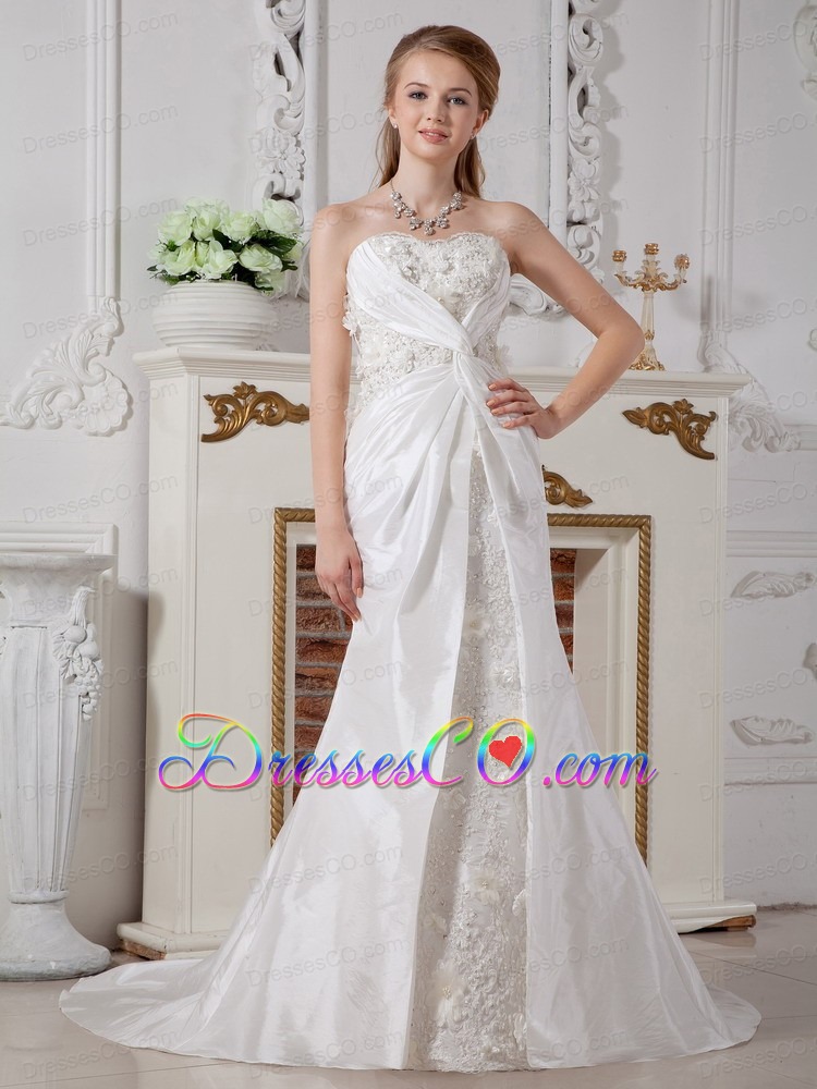 Affordable A-line Court Train Lace Ruching Wedding Dress