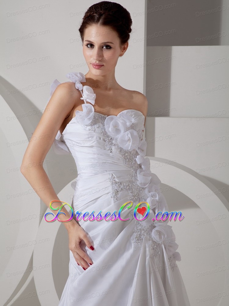 Beautiful A-line One Shoulder Court Train Chiffon Hand Made Flowers Wedding Dress