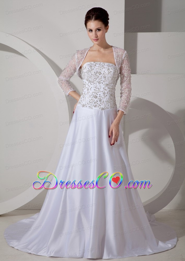 Romantic A-line Strapless Court Train Satin Embroidery Wedding Dress