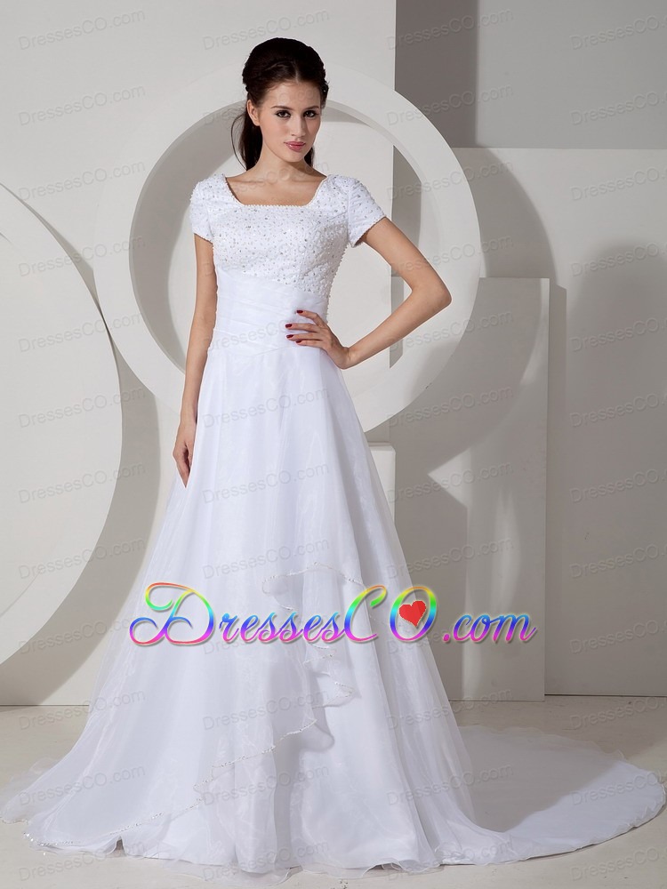 Informal A-line Square Court Train Satin Beading and Ruch Wedding Dress