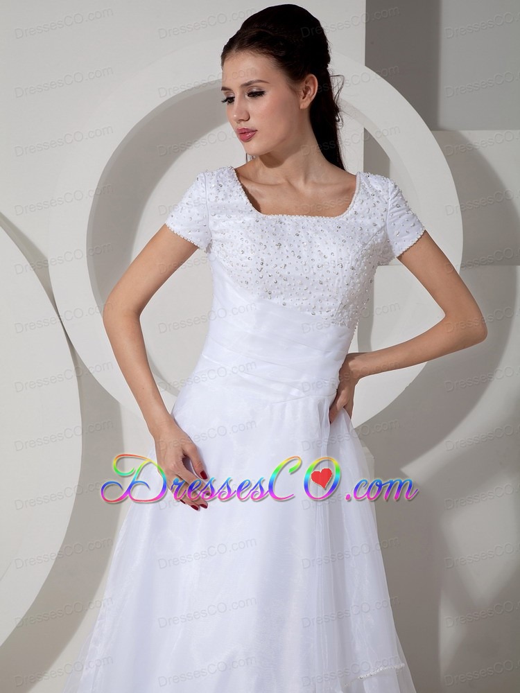 Informal A-line Square Court Train Satin Beading and Ruch Wedding Dress
