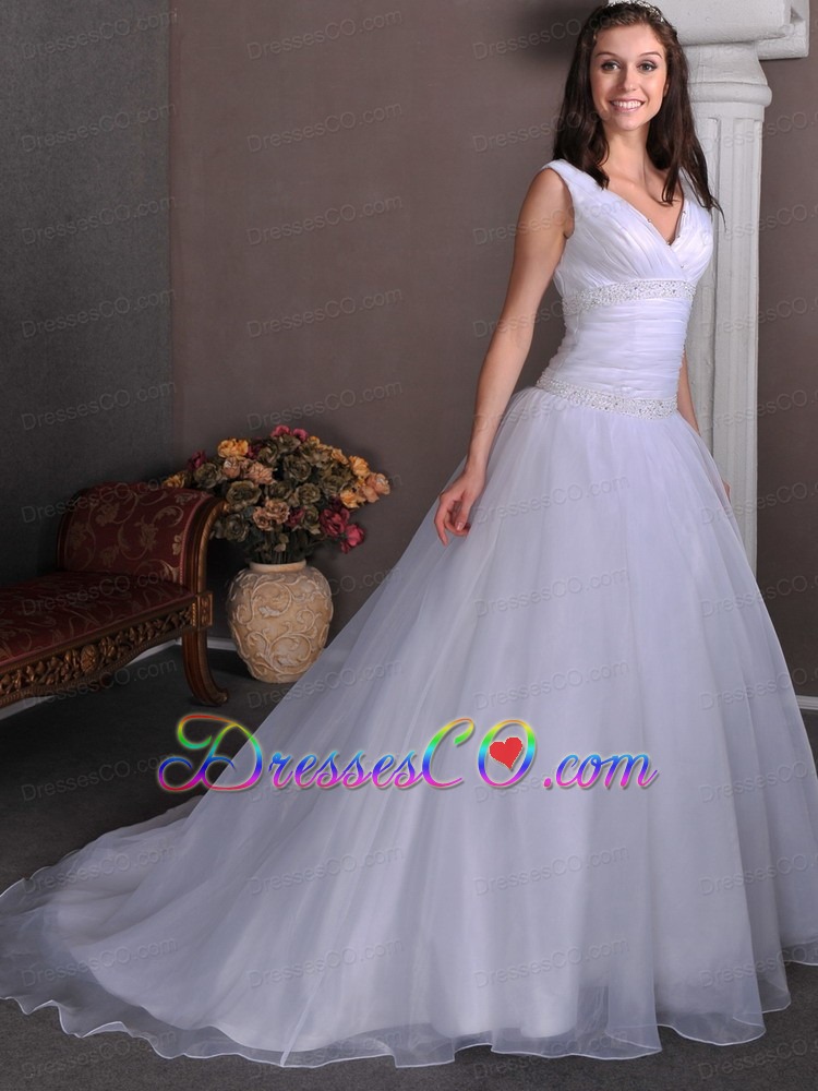 Simple A-line V-neck Court Train Taffeta and Tulle Ruching and Beading Wedding Dress