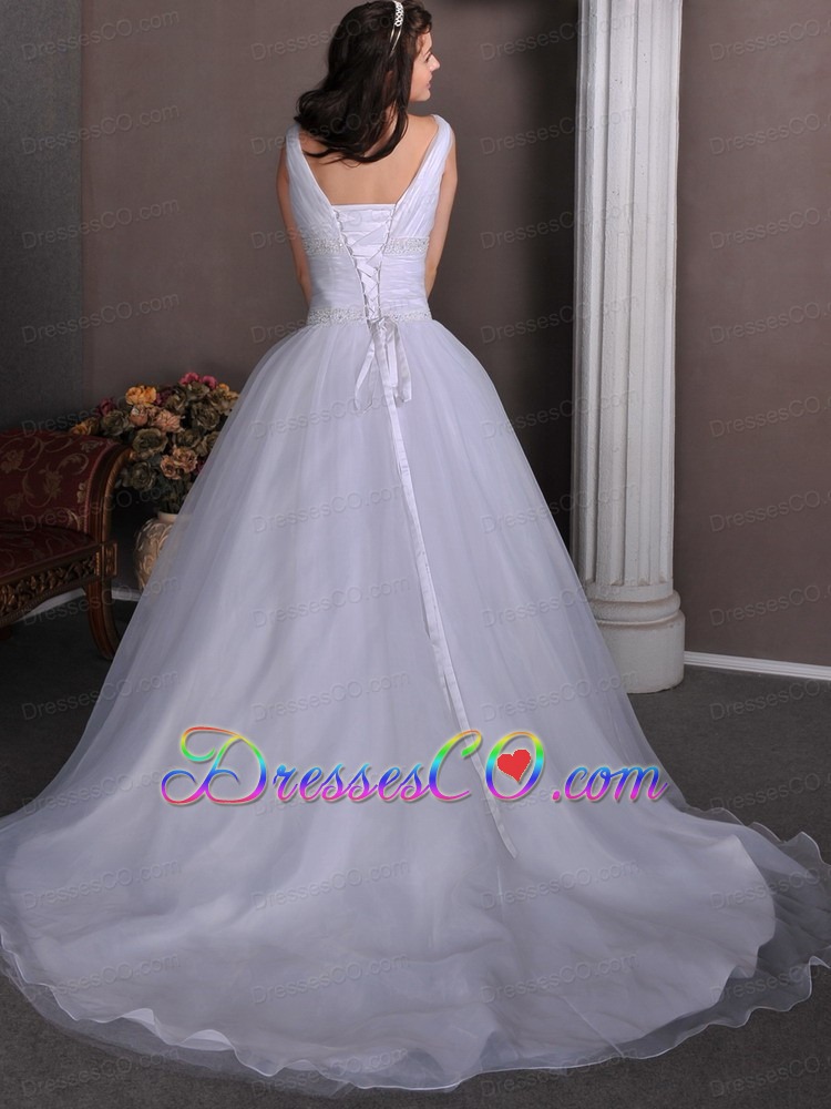 Simple A-line V-neck Court Train Taffeta and Tulle Ruching and Beading Wedding Dress