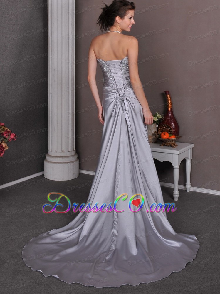 Silver A-line Court Train Elastic Woven Satin Beading and Ruches Prom Dress