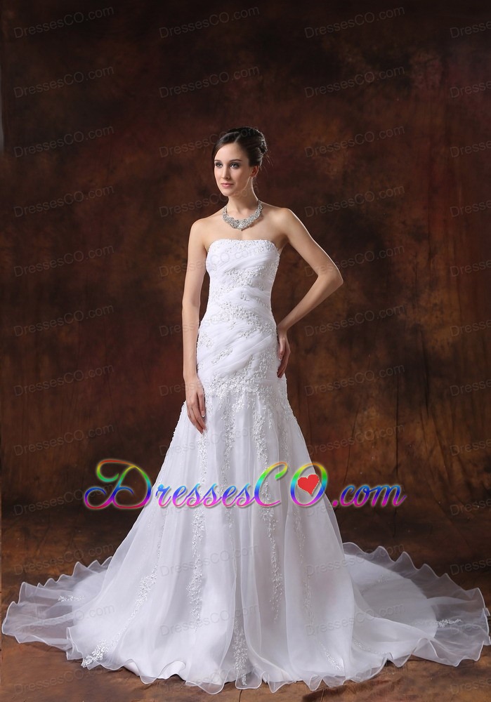 Court Train White Wedding Dress Embroidery Over Shirt Strapless
