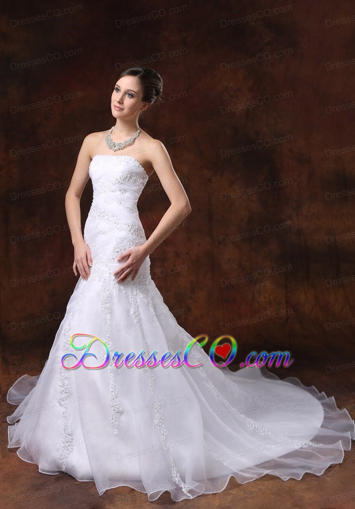 Court Train White Wedding Dress Embroidery Over Shirt Strapless