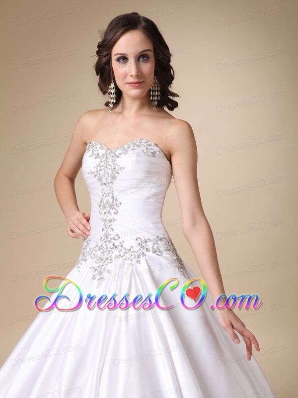 White Ball Gown Beading Taffeta Long Wedding Dress
