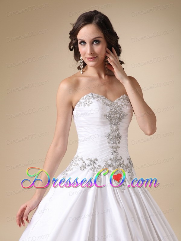 White Ball Gown Beading Taffeta Long Wedding Dress