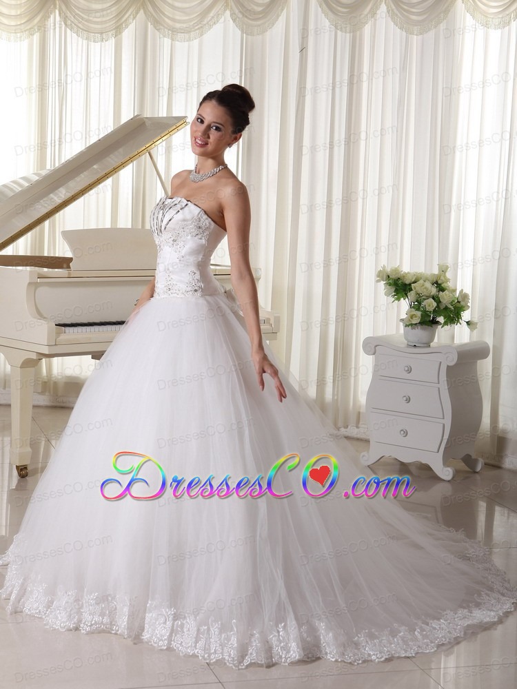 Satin and Tulle Strapless Beaded Decorate Up Bodice Bridal Gown With Bowknot Back Sweep Train
