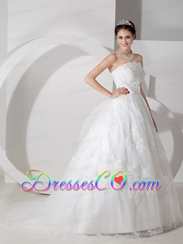 A-line Strapless Brush Train Satin Belt and Lace Wedding Dress