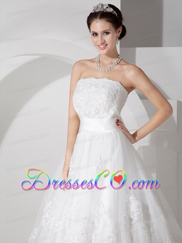 A-line Strapless Brush Train Satin Belt and Lace Wedding Dress
