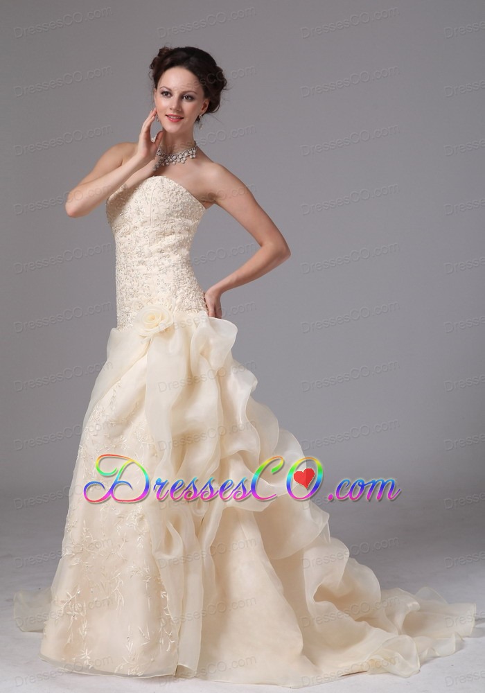 Champagne Embroidery and Hand Made Flowers Wedding Dress With Court Train Organza