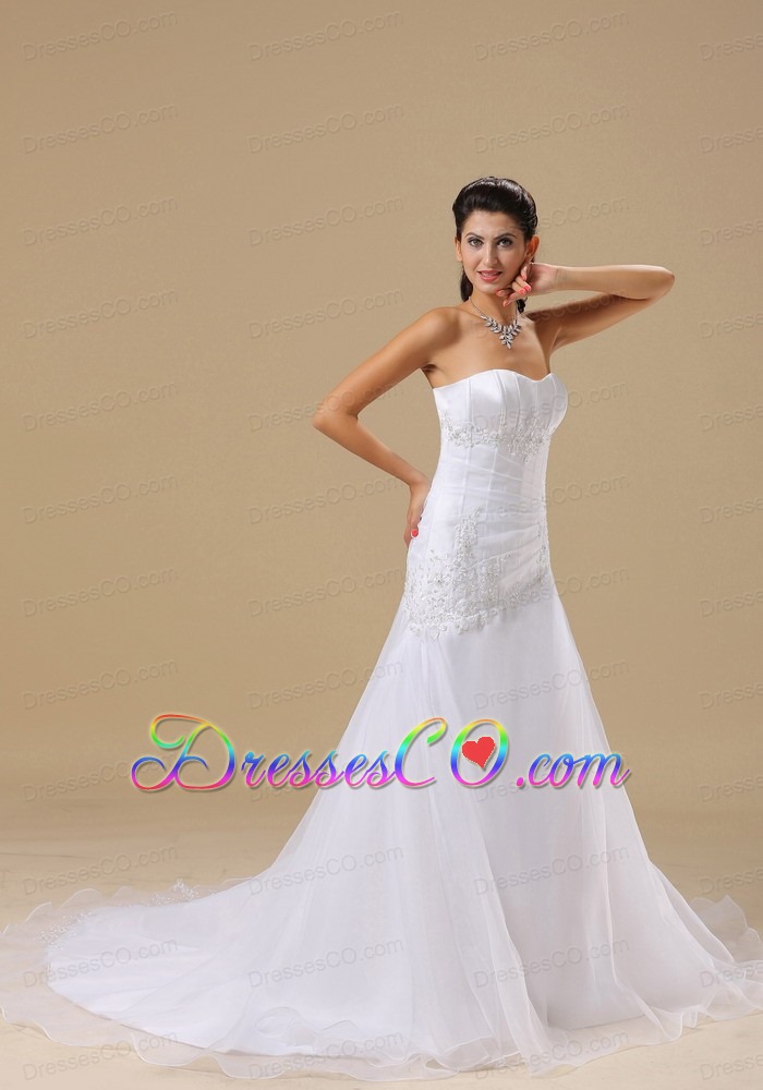 Appliques Decorate Bodice A-line Organza and Taffeta Simple Style Court Train Wedding Dress