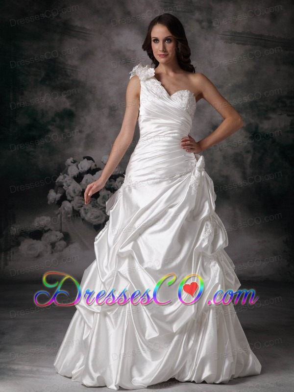 Elegant A-line One Shoulder Long Taffeta Hand Made Flowers Wedding Dress