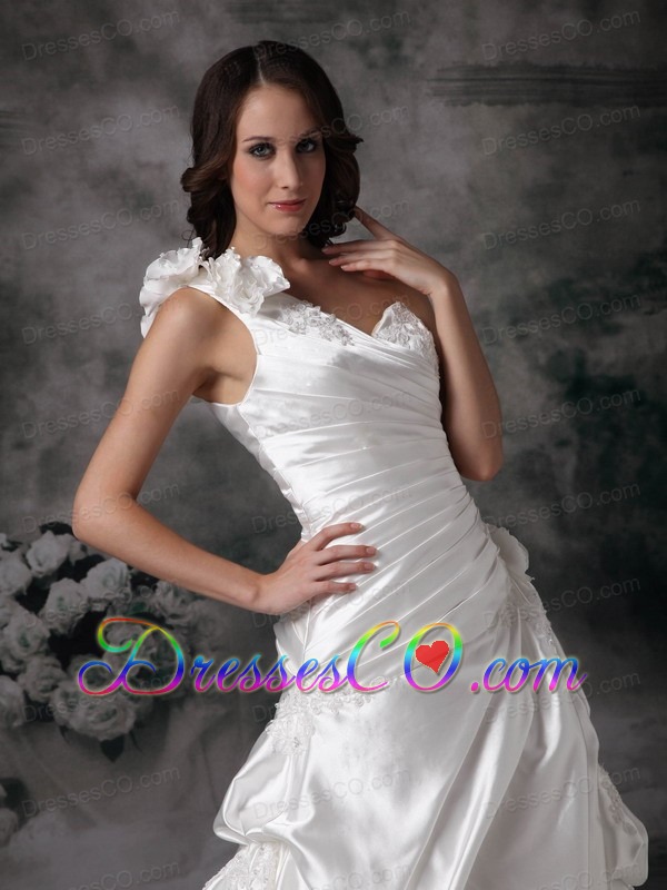 Elegant A-line One Shoulder Long Taffeta Hand Made Flowers Wedding Dress