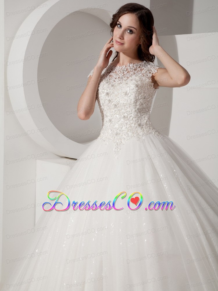 Luxurious Ball Gown High-neck Long Sequined And Lace Wedding Dress