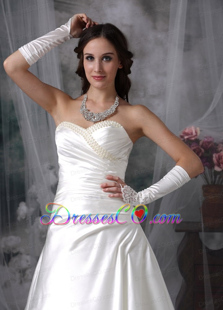 Perfect A-line Court Train Satin Beading Wedding Dress