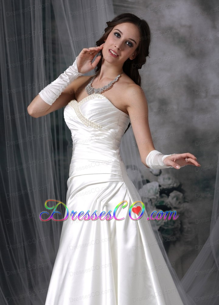 Perfect A-line Court Train Satin Beading Wedding Dress