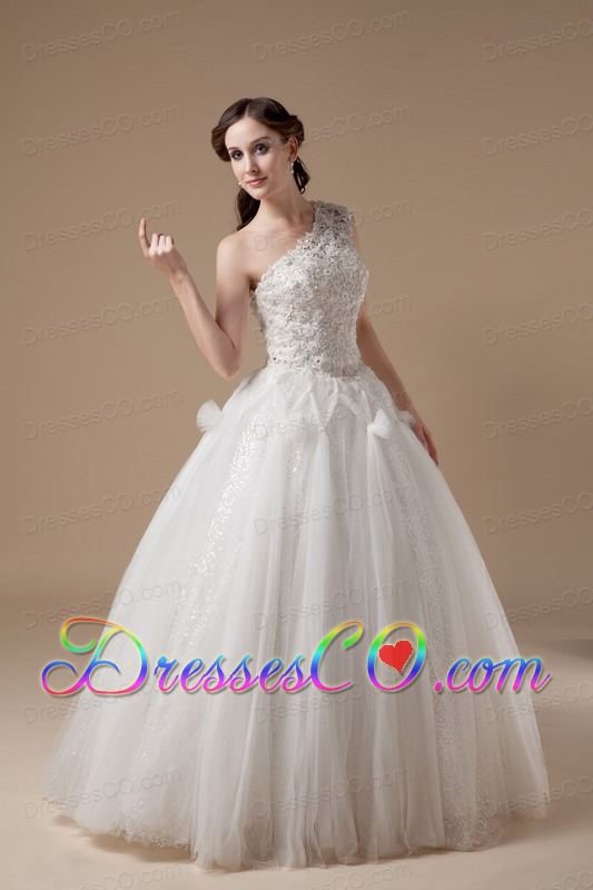 Ball Gown One Shoulder Long Satin And Tulle Appliques Wedding Dress