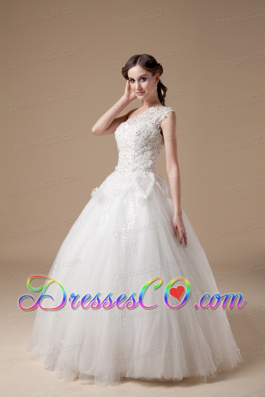 Ball Gown One Shoulder Long Satin And Tulle Appliques Wedding Dress