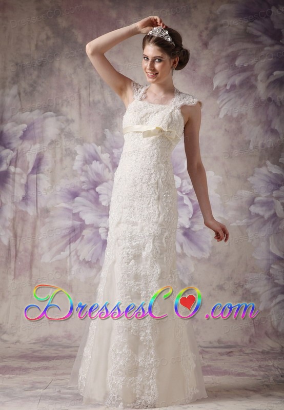Exquisite Column Straps Long Organza And Lace Bow Wedding Dress
