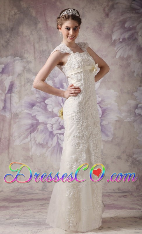 Exquisite Column Straps Long Organza And Lace Bow Wedding Dress
