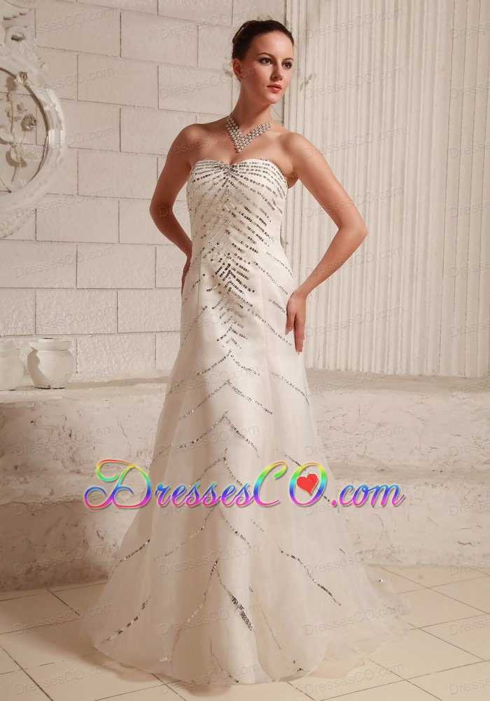 Sequins Over Bodice A-line Wedding Dress With Court Train Organza and Satin