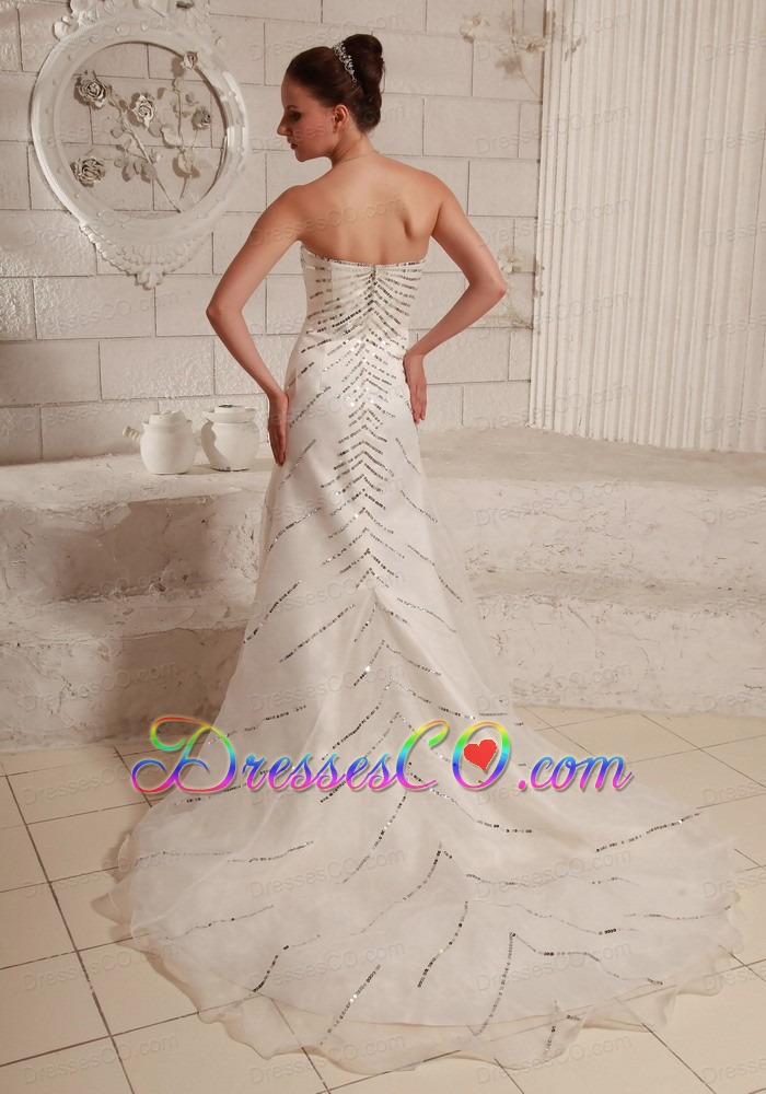 Sequins Over Bodice A-line Wedding Dress With Court Train Organza and Satin