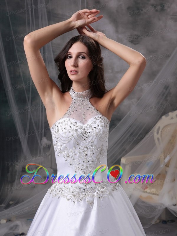White A-line Halter Chapel Train Satin Embroidery and Beading Wedding Dress