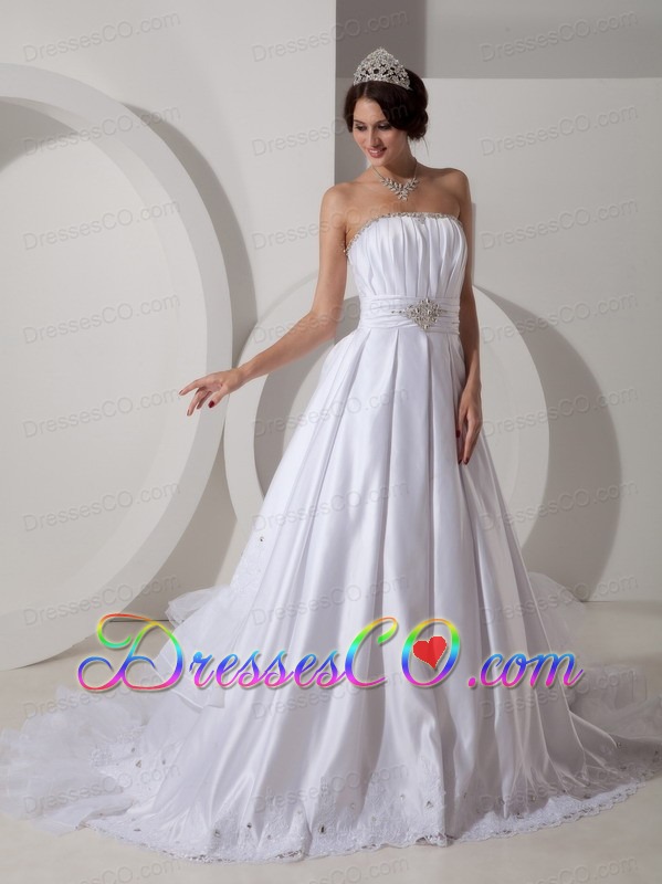 Lovely A-line Strapless Brush TrainTaffeta Beading and Ruching Wedding Dress