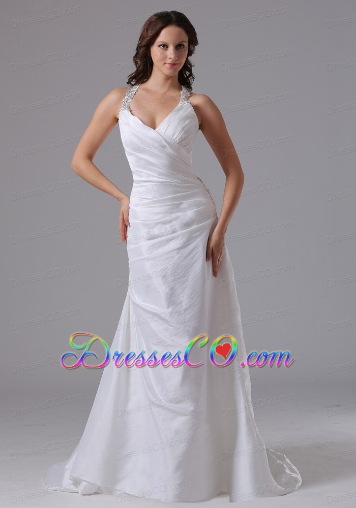 Halter Ruched Bodice and Beading Wedding Dress With Brush Train