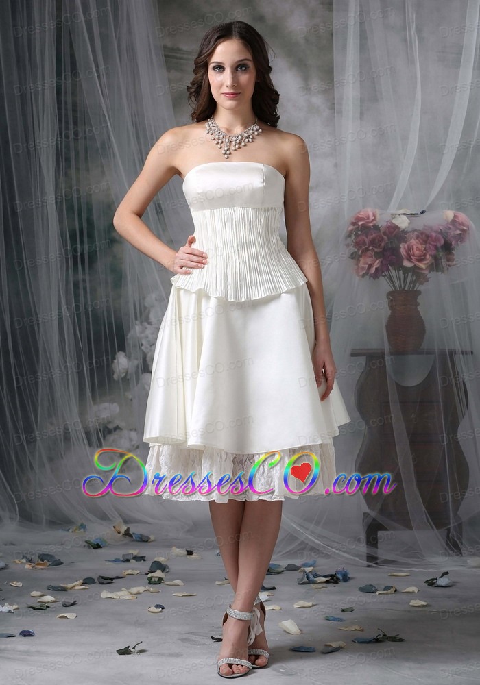 Simple A-line Strapless Tea-length Taffeta Wedding Dress