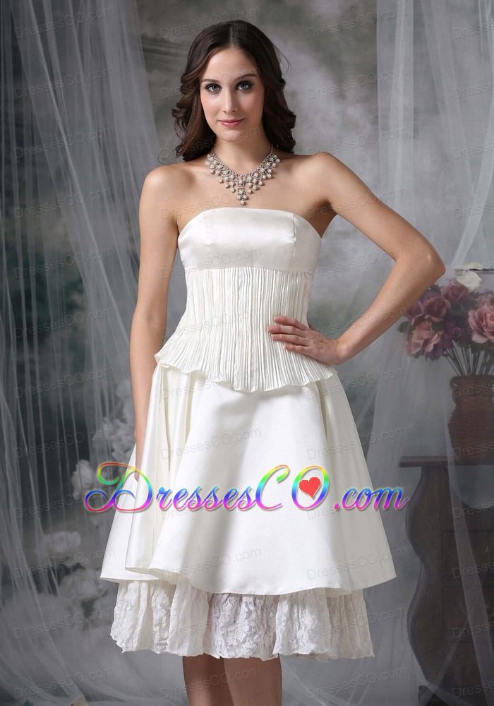 Simple A-line Strapless Tea-length Taffeta Wedding Dress