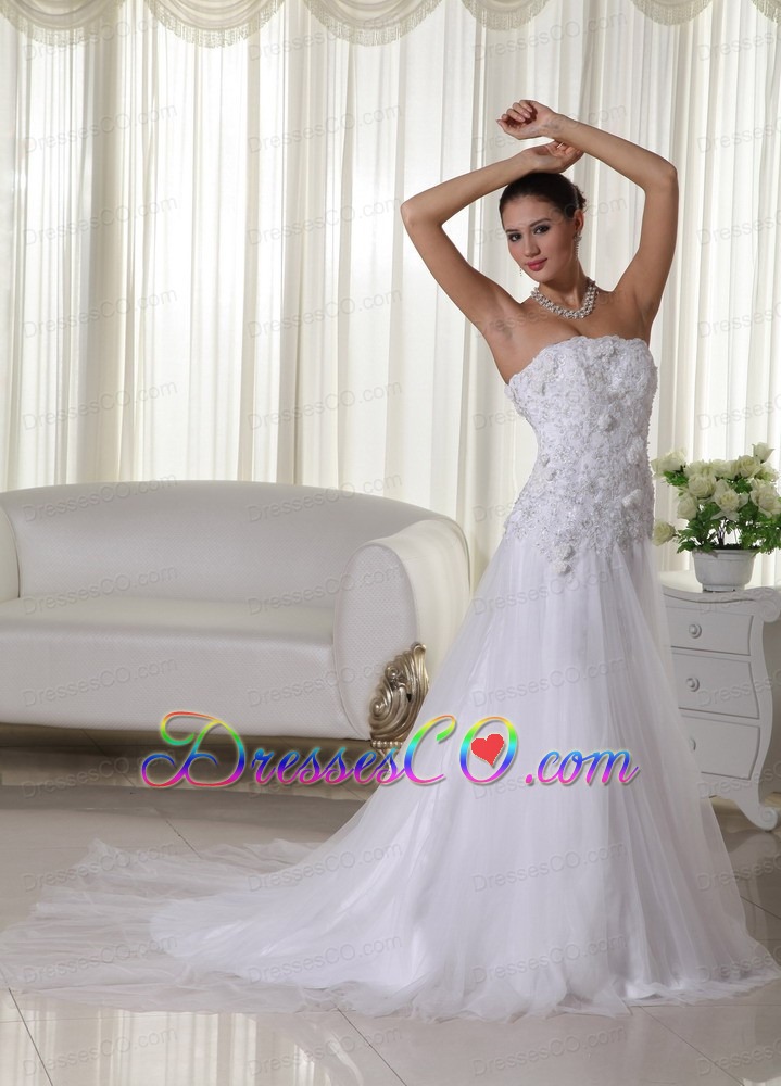 Lovely A-line Strapless Chapel Train Tulle and Taffeta Lace Wedding Dress