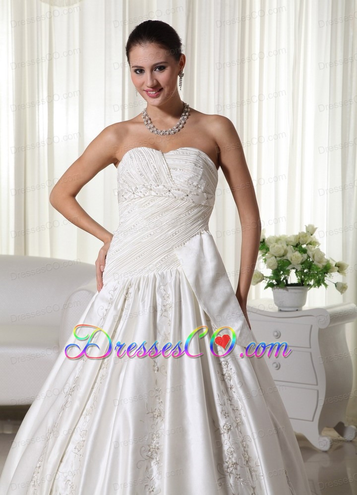 Exclusive A-line Chapel Train Satin Embroidery Wedding Dress