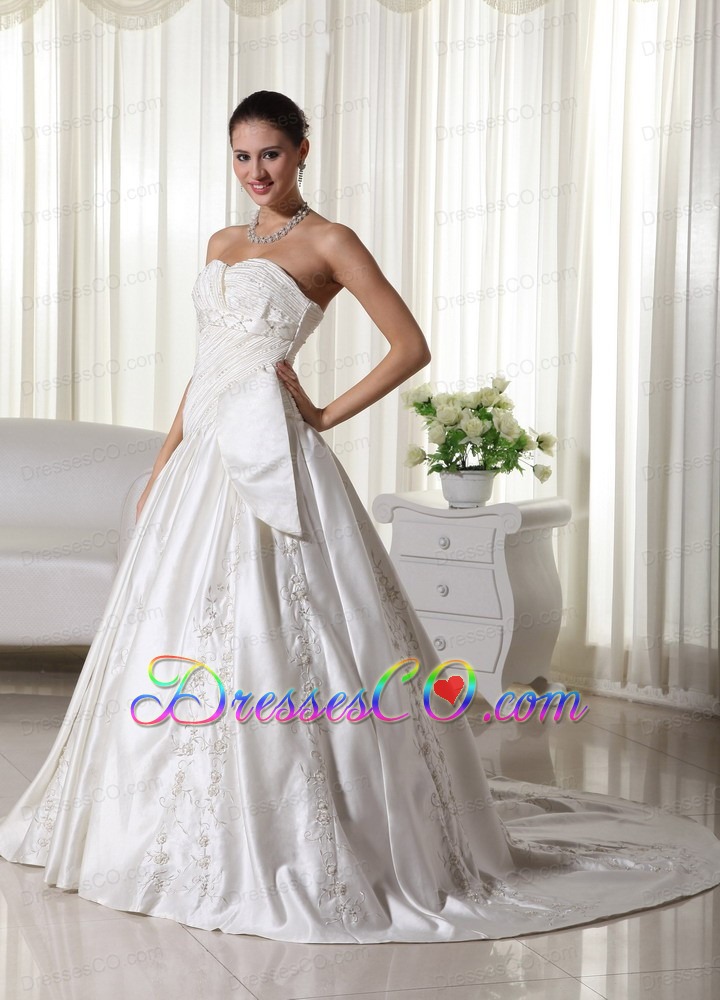 Exclusive A-line Chapel Train Satin Embroidery Wedding Dress