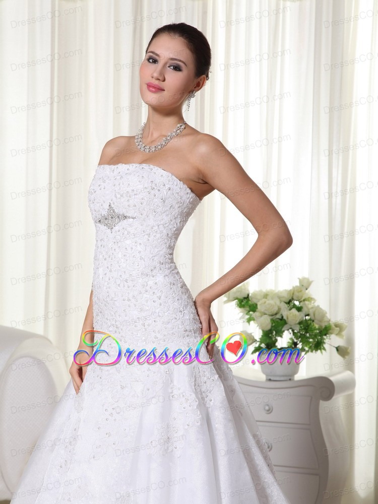 Lovely Mermaid Strapless Court Train Satin and Organza Lace Wedding Dress