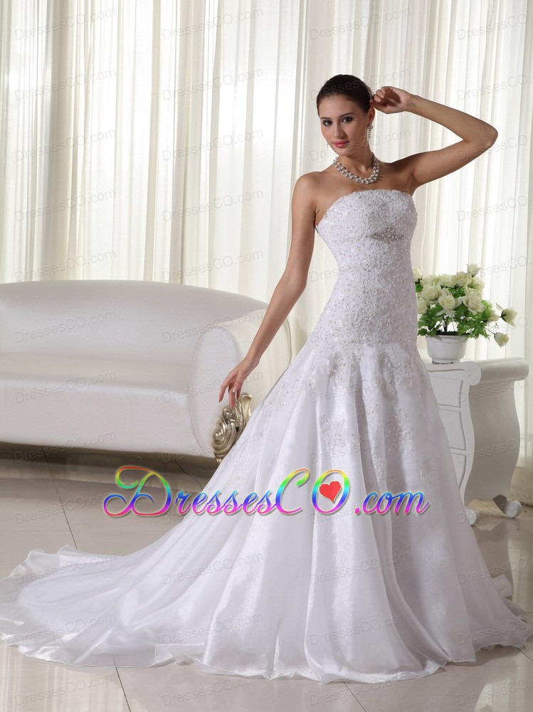 Lovely Mermaid Strapless Court Train Satin and Organza Lace Wedding Dress