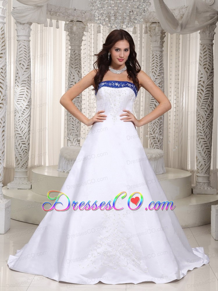 Romantic A-line Strapless Court Train Satin Embroidery Wedding Dress
