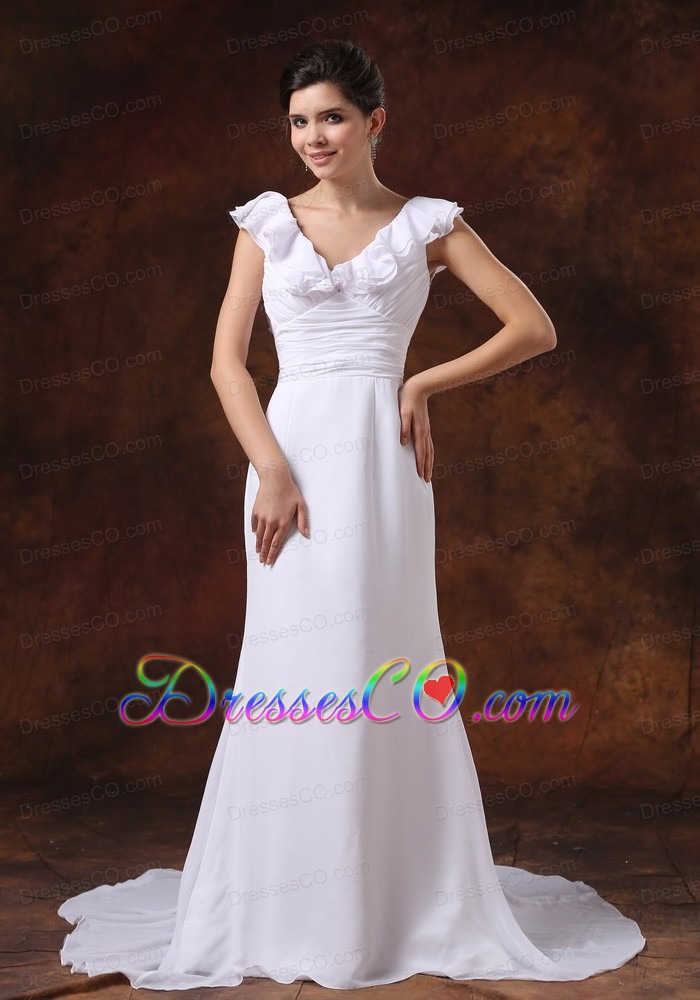V-neck Ruched Bodice Brush Train Custom Made For Wedding Dress