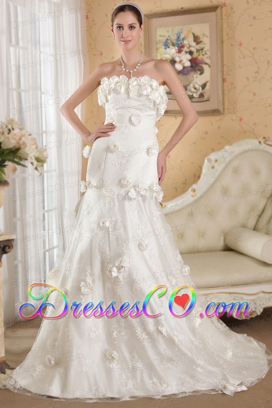 White A-line Strapless Court Train Lace and Taffeta Hand Made Flowers Wedding Dress