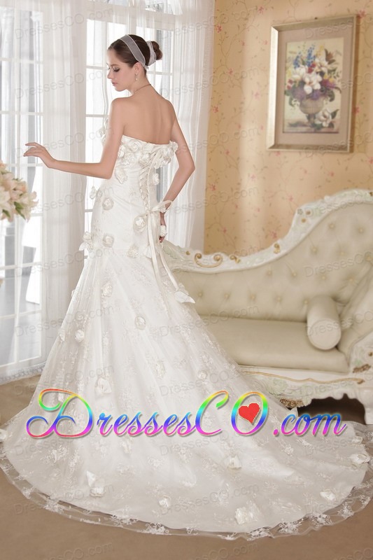White A-line Strapless Court Train Lace and Taffeta Hand Made Flowers Wedding Dress