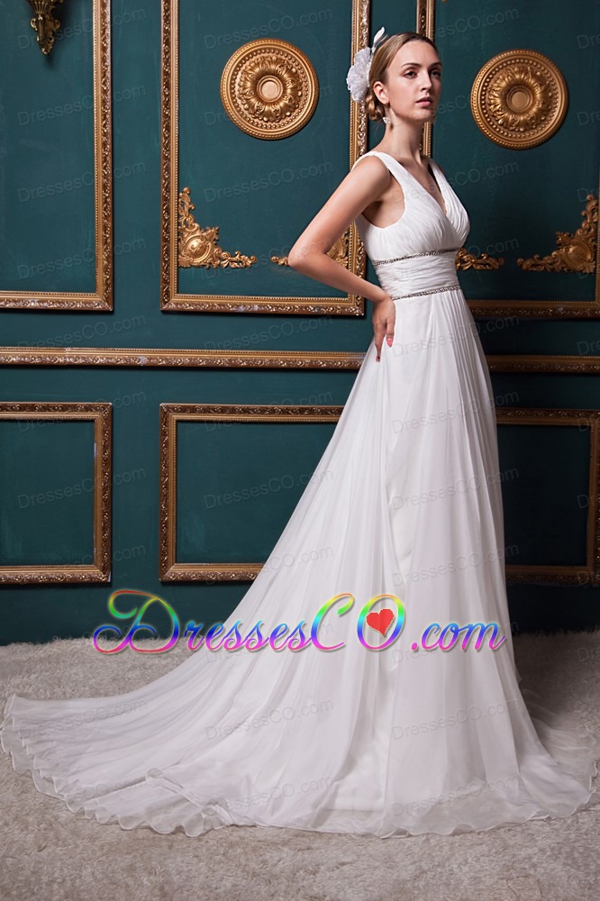 Beautiful A-line V-neck Brush Train Organza Beading Wedding Dress