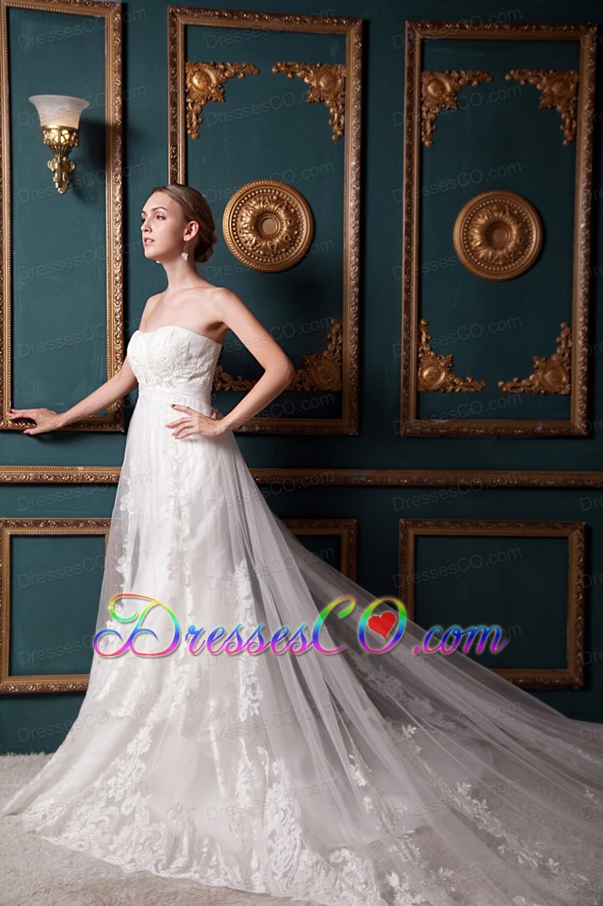 Beautiful A-line Strapless Cathedral Train Tulle Beading Wedding Dress