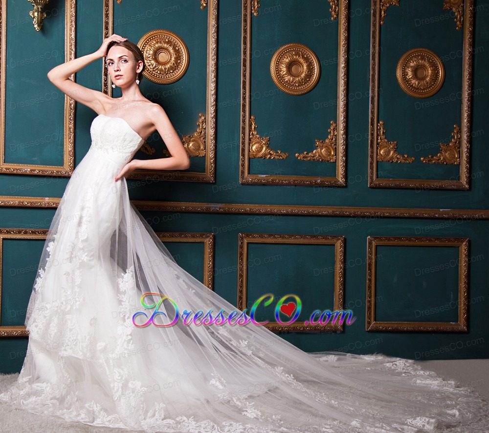 Beautiful A-line Strapless Cathedral Train Tulle Beading Wedding Dress
