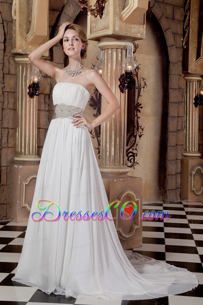 Elegant A-line Strapless Court Train Chiffon Beading Wedding Dress