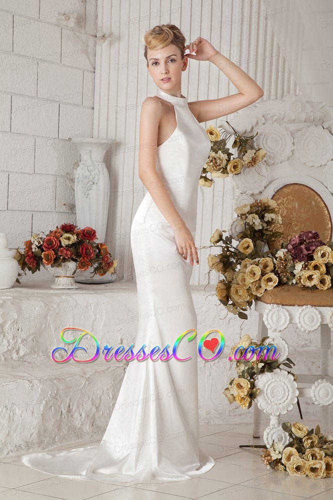 Sweet Column Halter Brush Train Taffeta Wedding Dress