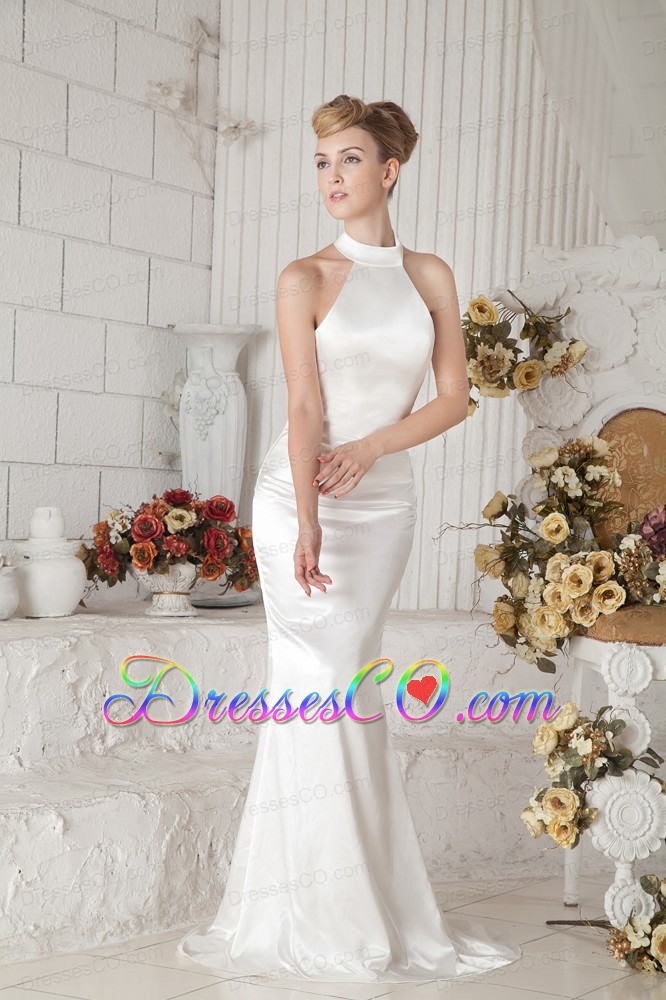 Sweet Column Halter Brush Train Taffeta Wedding Dress
