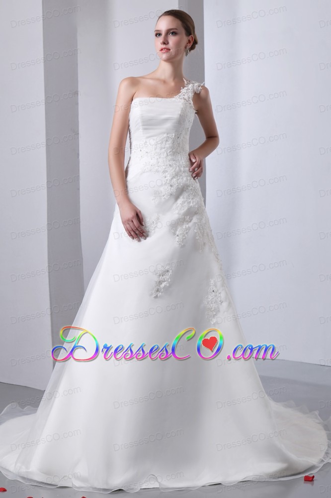 Simple A-line One Shoulder Court Train Satin and Organza Appliques With Beading Wedding Dress
